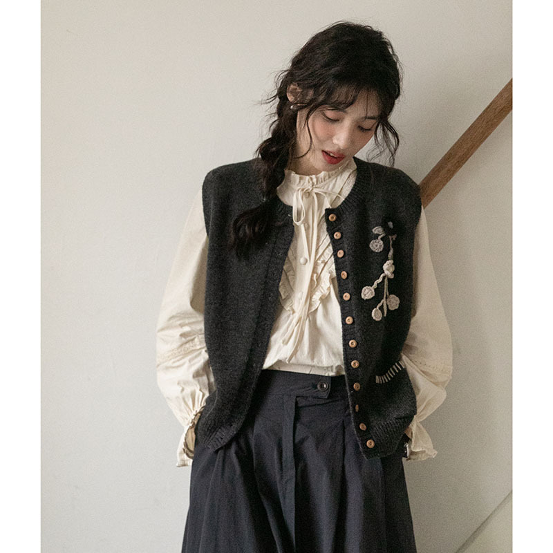 女士春季勾花刺繡明線針織開衫馬甲