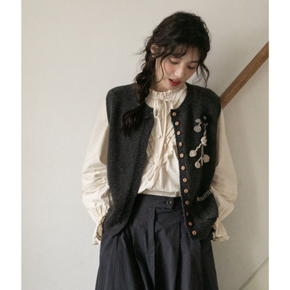 女士春季勾花刺繡明線針織開衫馬甲