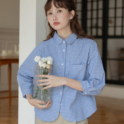 女士春秋polo領格紋短款長袖襯衫
