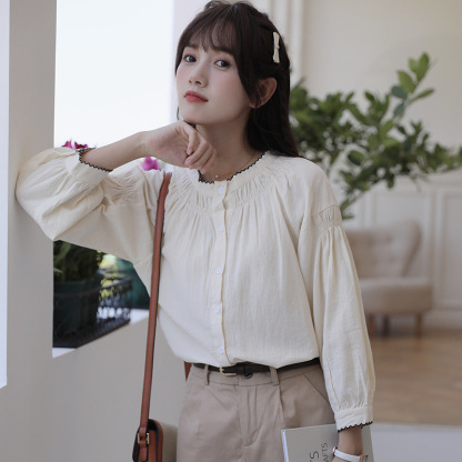 女士春季拼色別緻褶皺圓領長袖襯衫