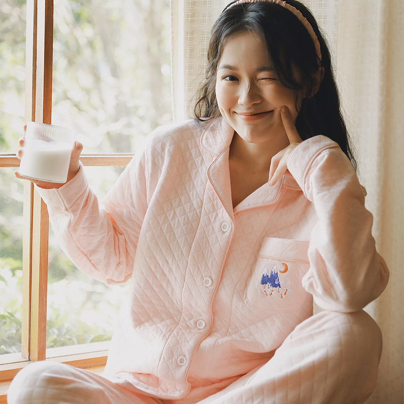 女士秋冬純棉加厚空氣夾層月牙長袖長褲居家服