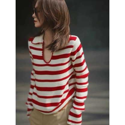 女士秋季紅色條紋U領針織衫