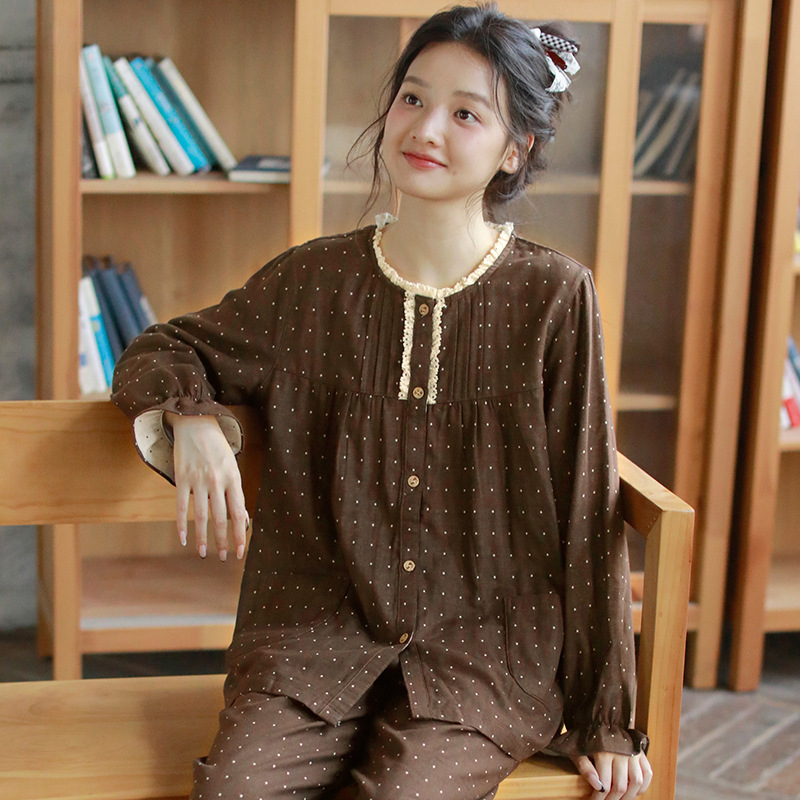 女士秋季棉紗點點圓領長袖長褲居家服