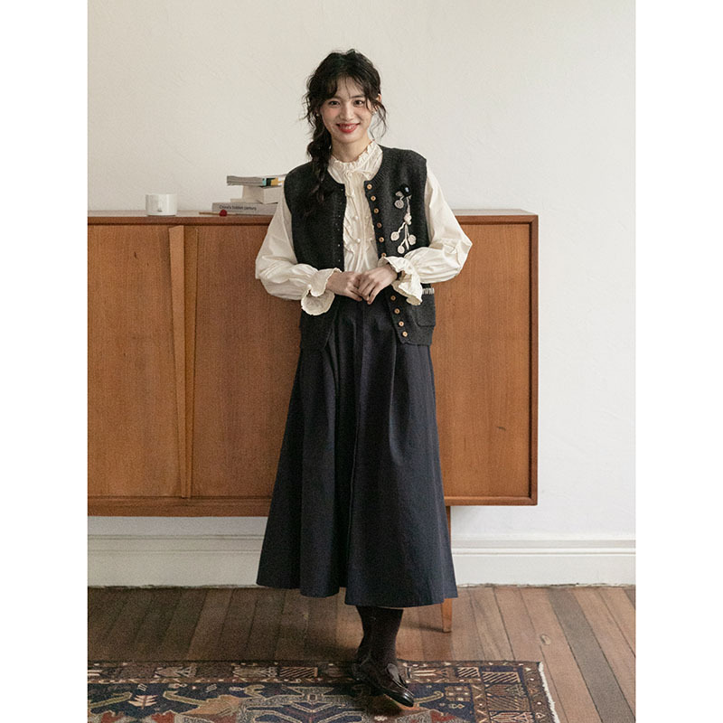 女士秋季法式高腰棉質藏藍色A字半身裙