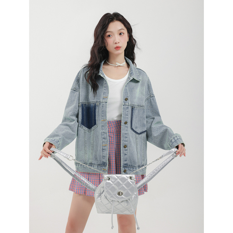 女士春秋港風拼色多口袋牛仔外套