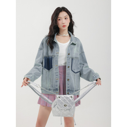 女士春秋港風拼色多口袋牛仔外套