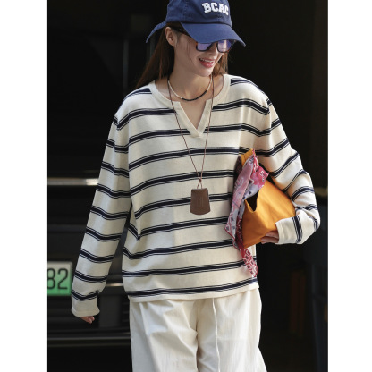 女士春秋V領粗條紋綿羊毛毛衣