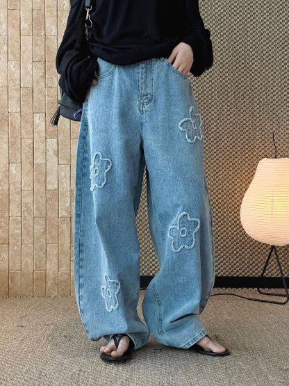 春夏高腰花朵貼布繡牛仔褲