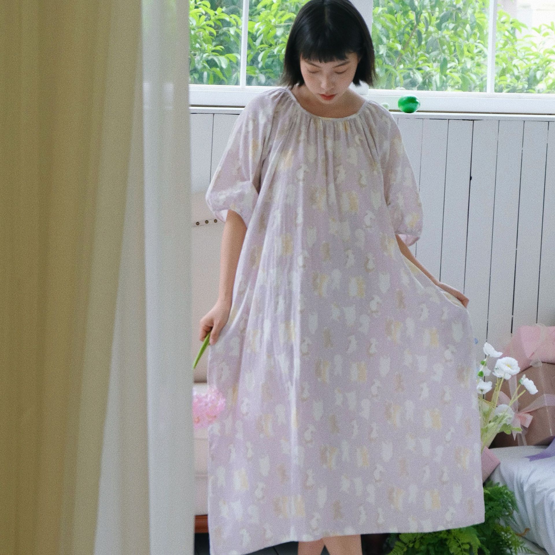 女士卡通ins風圓領連袖五分袖睡裙