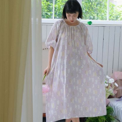 女士卡通ins風圓領連袖五分袖睡裙