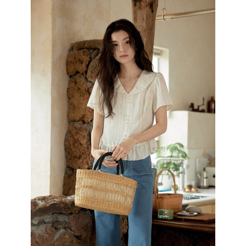 女夏亞麻條紋V領短袖襯衫