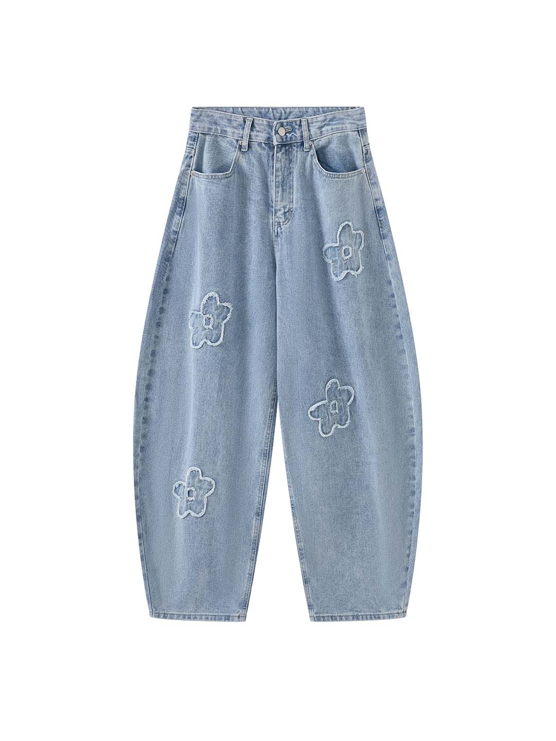 春夏高腰花朵貼布繡牛仔褲