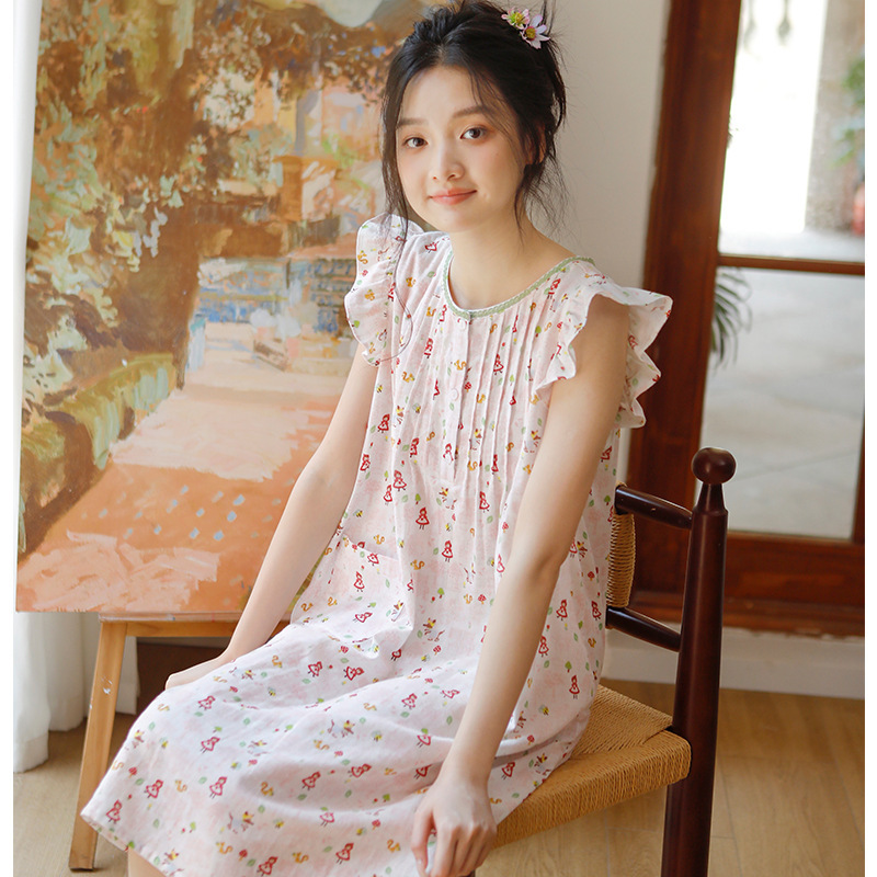 女款夏季碎花小飛袖無袖睡裙