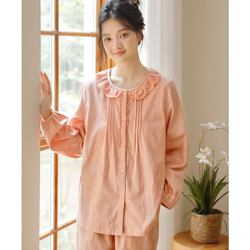 女士春秋純棉蕾絲花邊薄款家居服