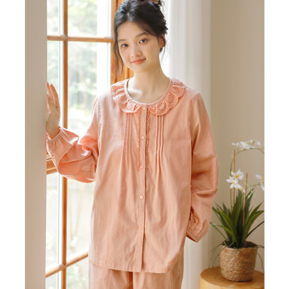 女士春秋純棉蕾絲花邊薄款家居服