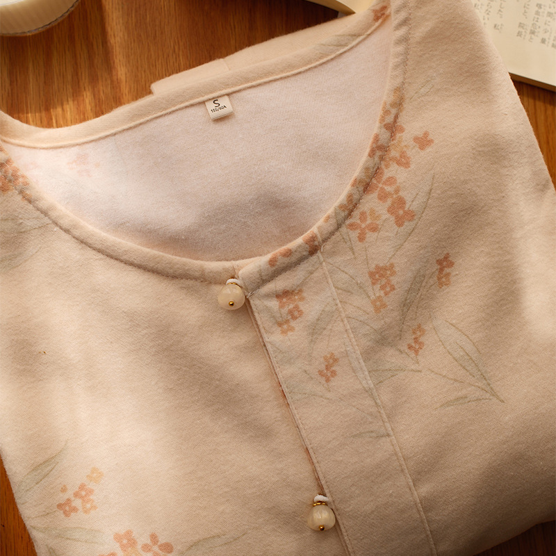 女士秋冬全棉米色花束圓領長袖長褲居家服