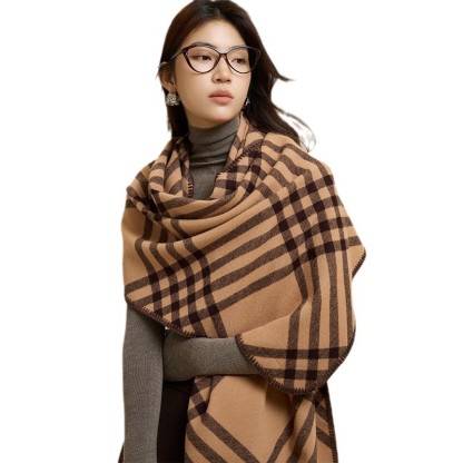 女士秋冬黑白格紋大版長款圍巾
