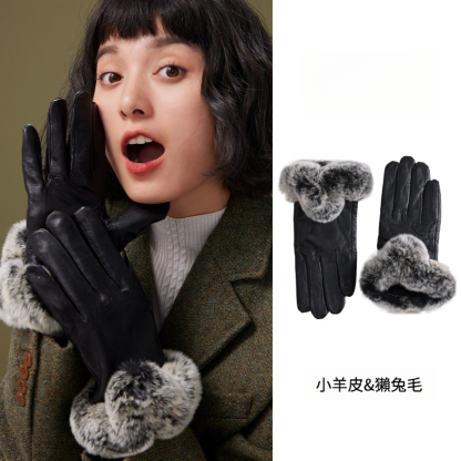 女士小羊皮獺兔毛手套