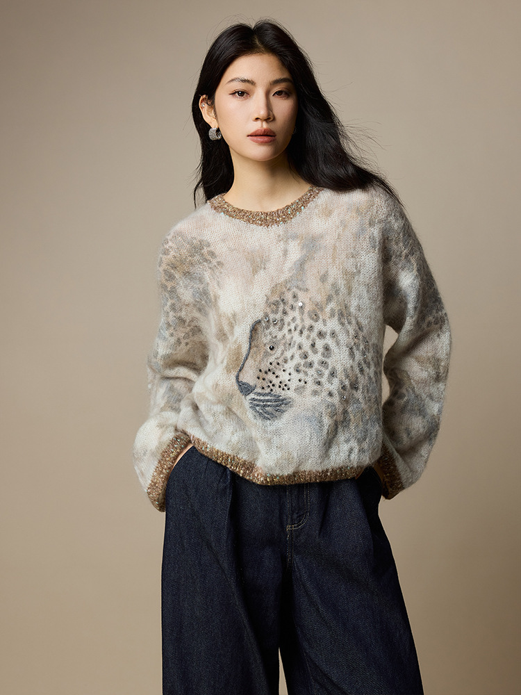 女士春秋印染海馬毛羊毛針織衫