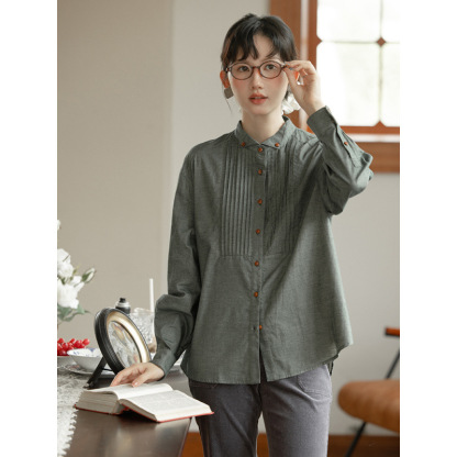 女士春秋古翼領打褶長袖襯衫