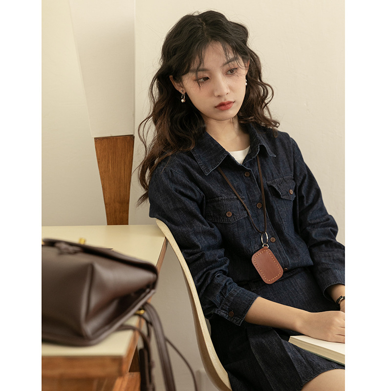 女士春韓系長袖Polo領牛仔襯衫