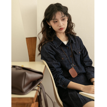 女士春韓系長袖Polo領牛仔襯衫