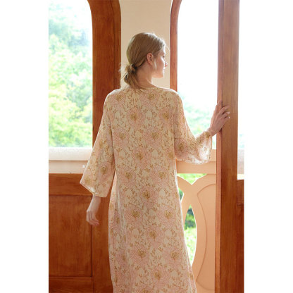 貢緞復古風夜珍珠花卉長袖睡裙