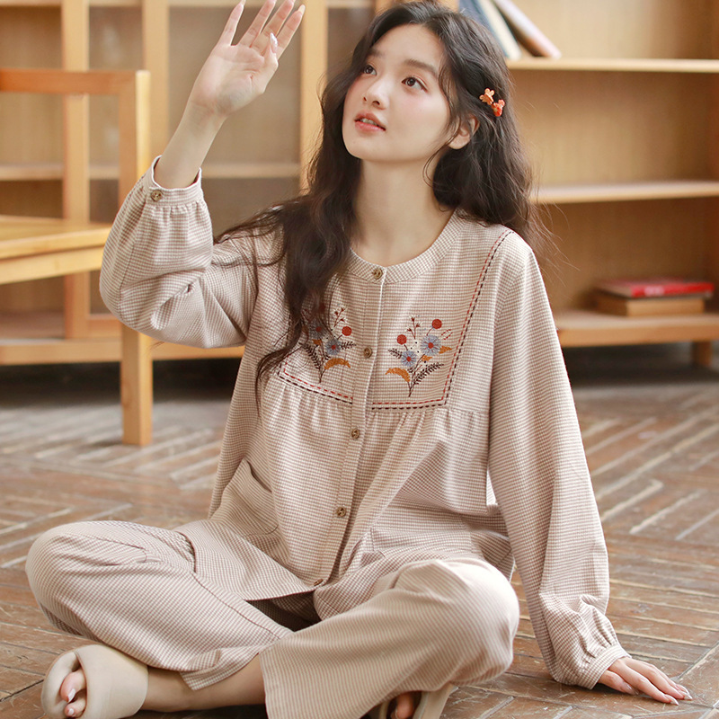 女士秋季純棉磨毛刺繡圓領長袖長褲居家服