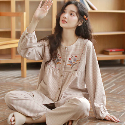 女士秋季純棉磨毛刺繡圓領長袖長褲居家服