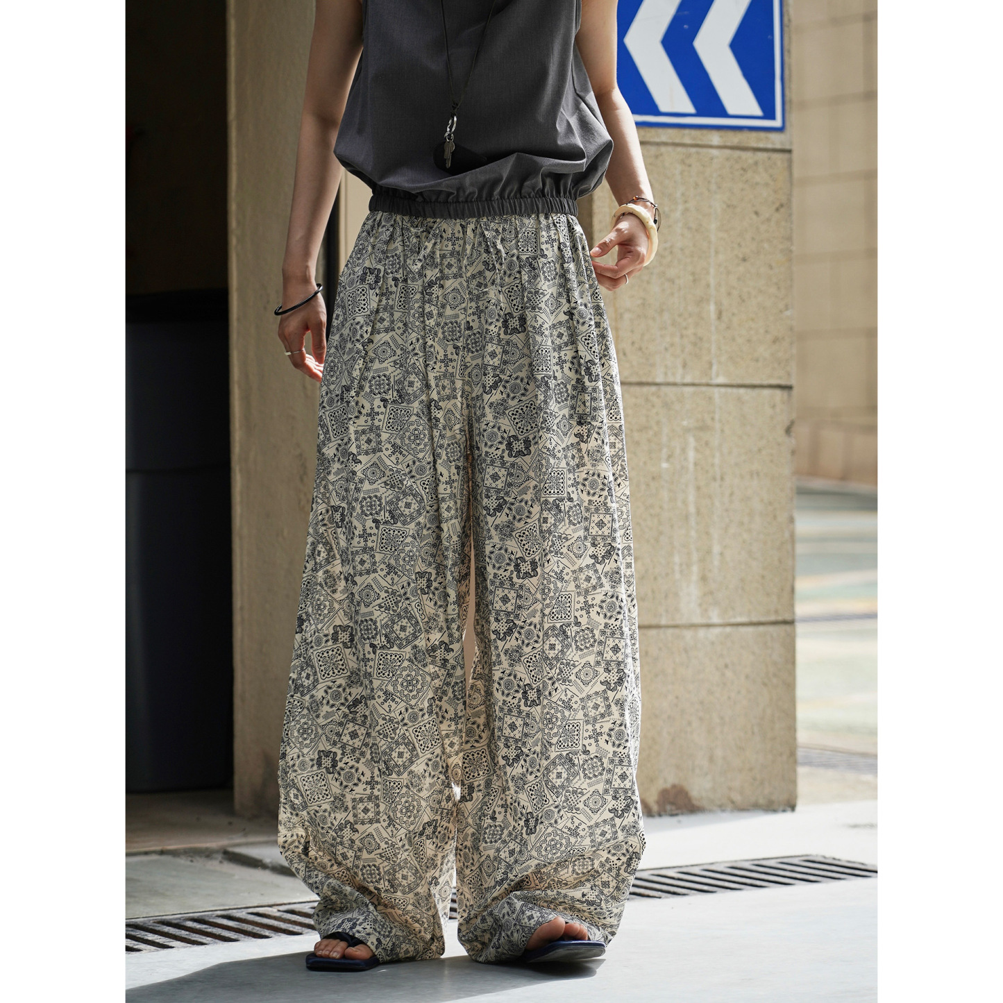 女士春秋波西米亞風腰果花休閒褲