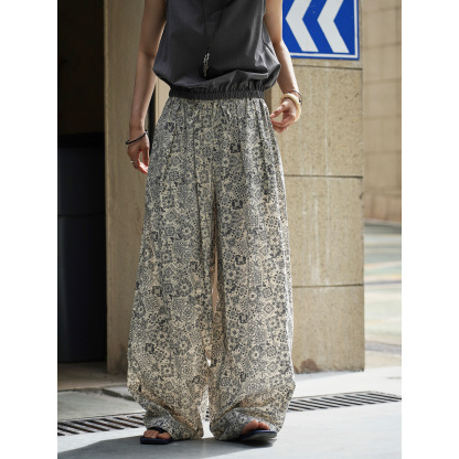 女士春秋波西米亞風腰果花休閒褲