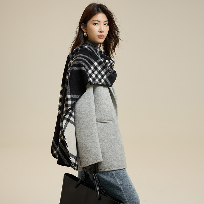 女士秋冬黑白格紋大版長款圍巾