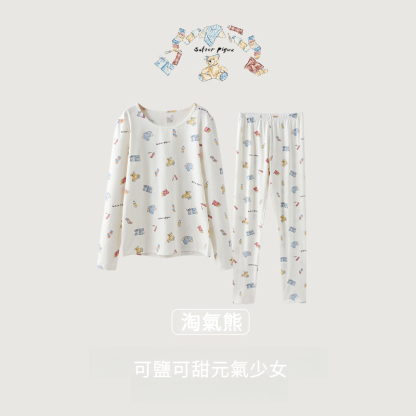 女士秋季純棉插畫風印花秋衣秋褲套裝