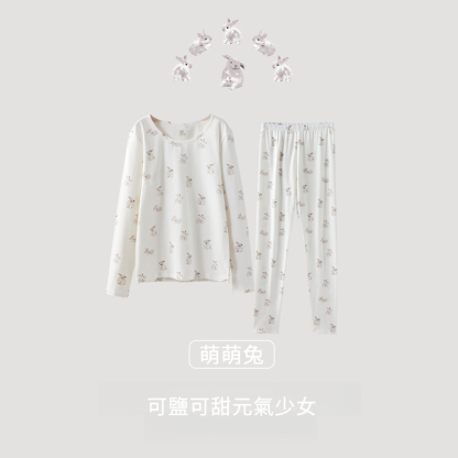 女士秋季純棉插畫風印花秋衣秋褲套裝