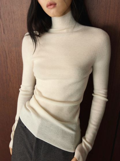 女冬季高領純色羊毛針織修身打底衫