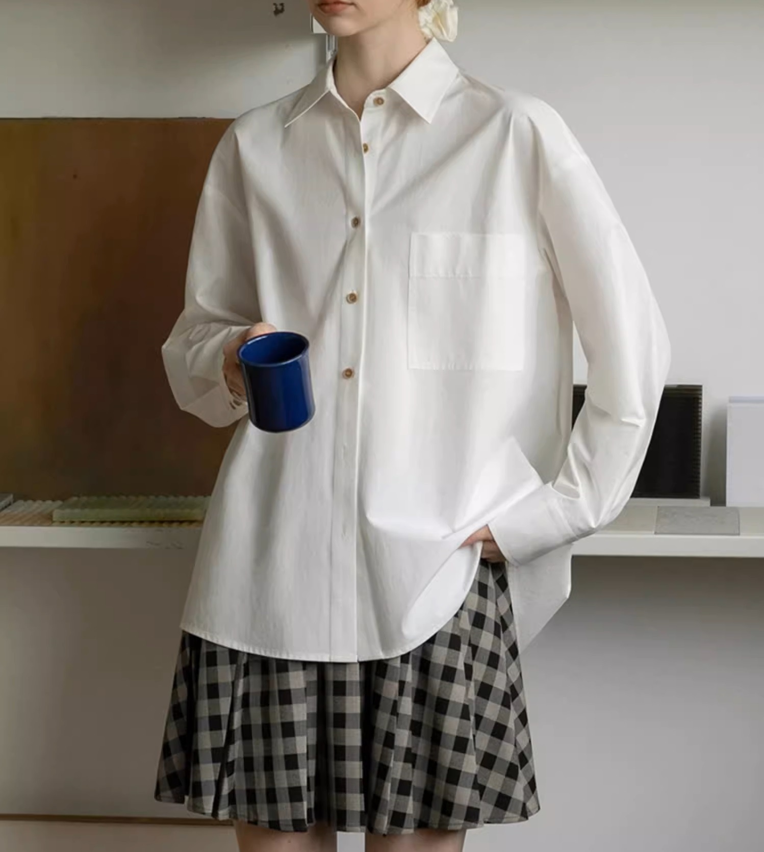 女士春季純棉蝴蝶結設計粉色襯衫