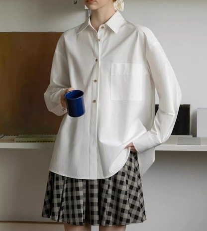 女士春季純棉蝴蝶結設計粉色襯衫