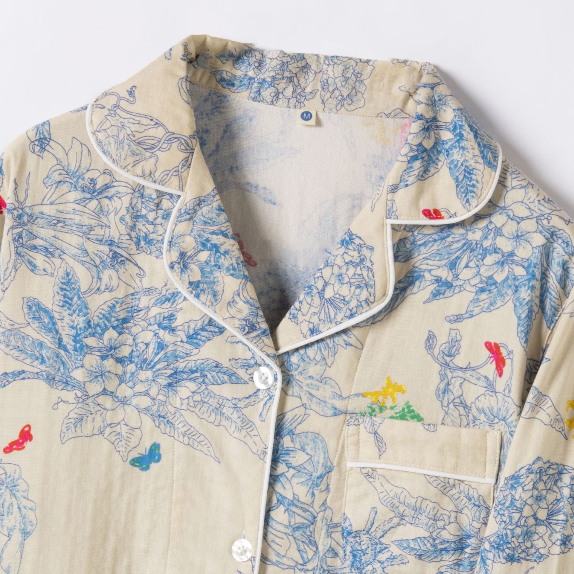 女士春夏莫奈花卉翻領長袖長褲睡衣