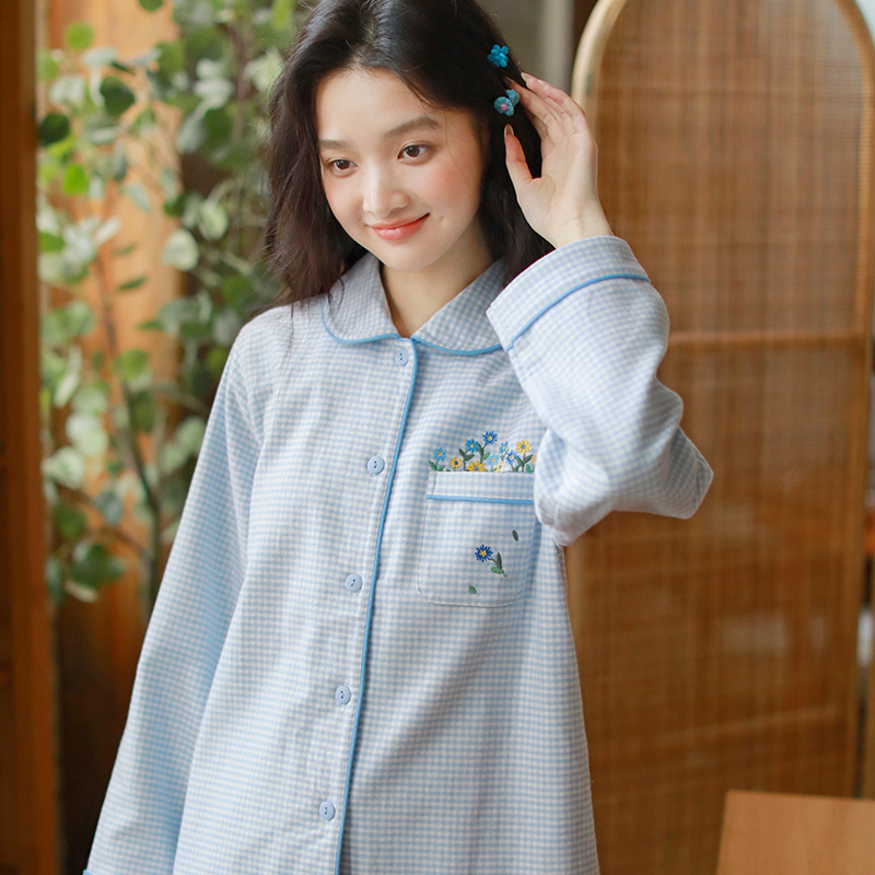 女士奇跡純棉磨毛小格碎花秋長袖長褲居家服
