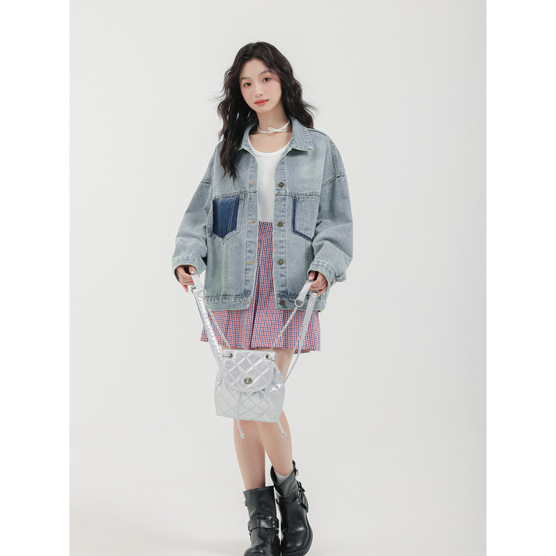 女士春秋港風拼色多口袋牛仔外套