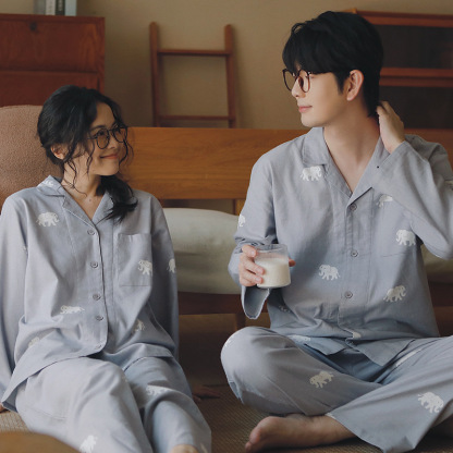 女士春秋純棉磨毛大象翻領長袖長褲居家服