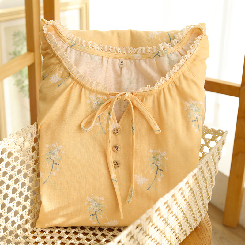 女春純棉紗布黃色碎花寬鬆居家服