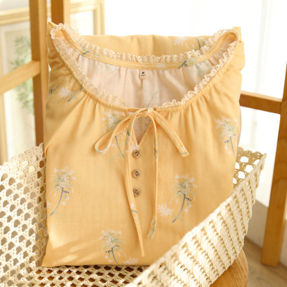 女春純棉紗布黃色碎花寬鬆居家服