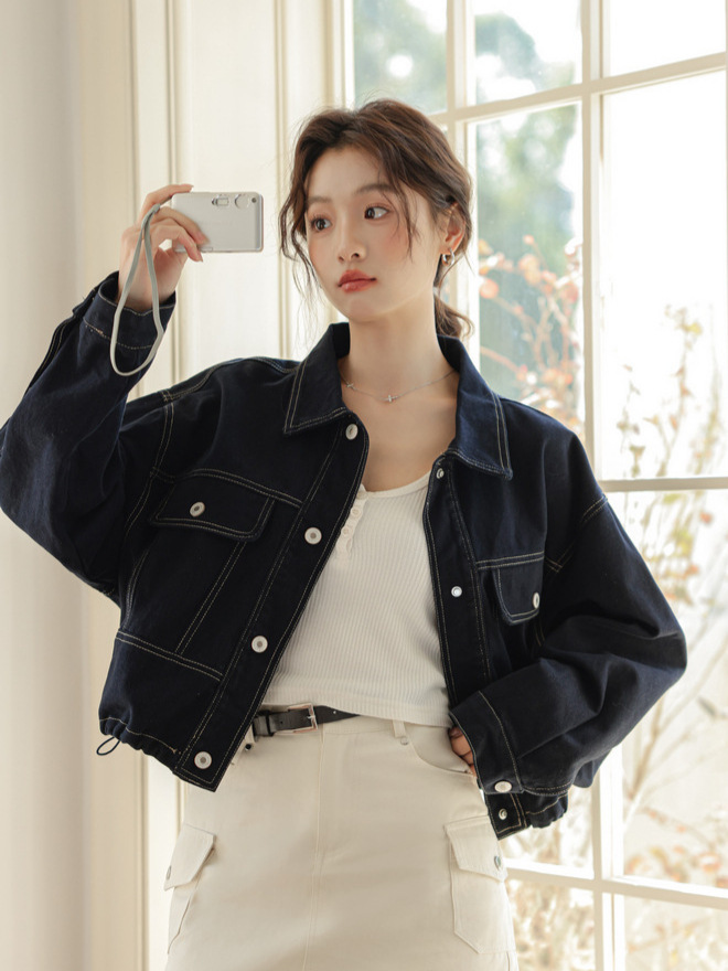 女士春秋明線抽繩工裝牛仔外套