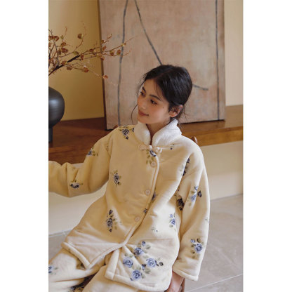 女士冬季古風韻印花立領睡衣套裝