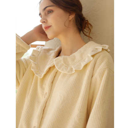 女秋冬娃娃領法蘭絨山茶花長袖睡裙