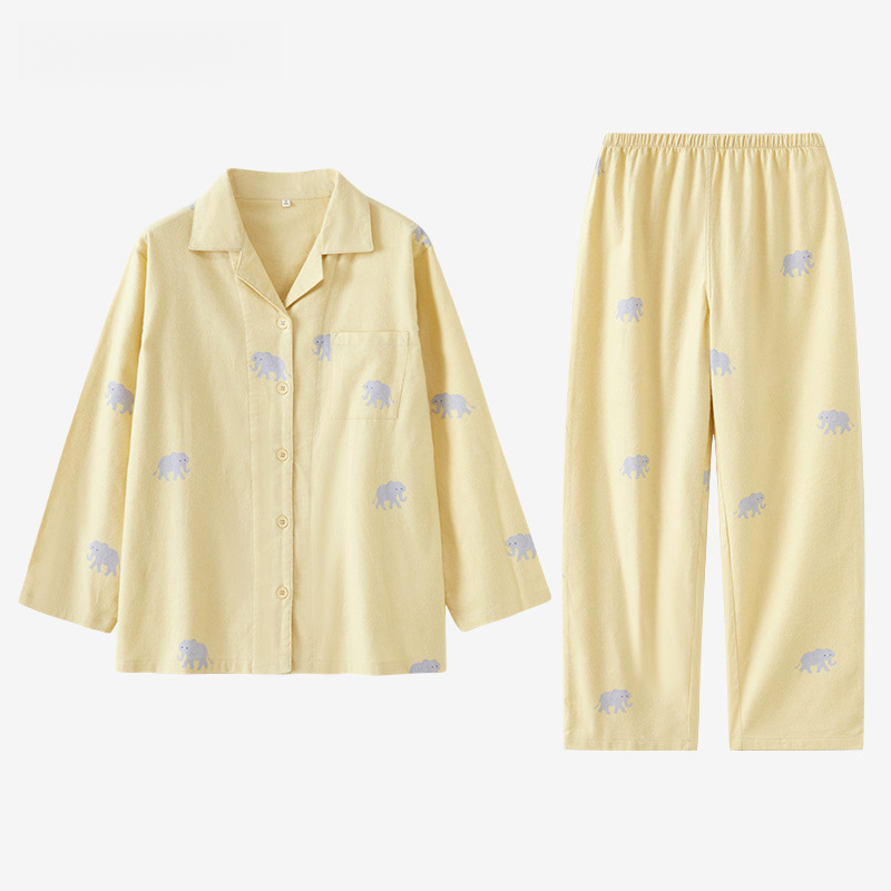 女士春秋純棉磨毛大象翻領長袖長褲居家服