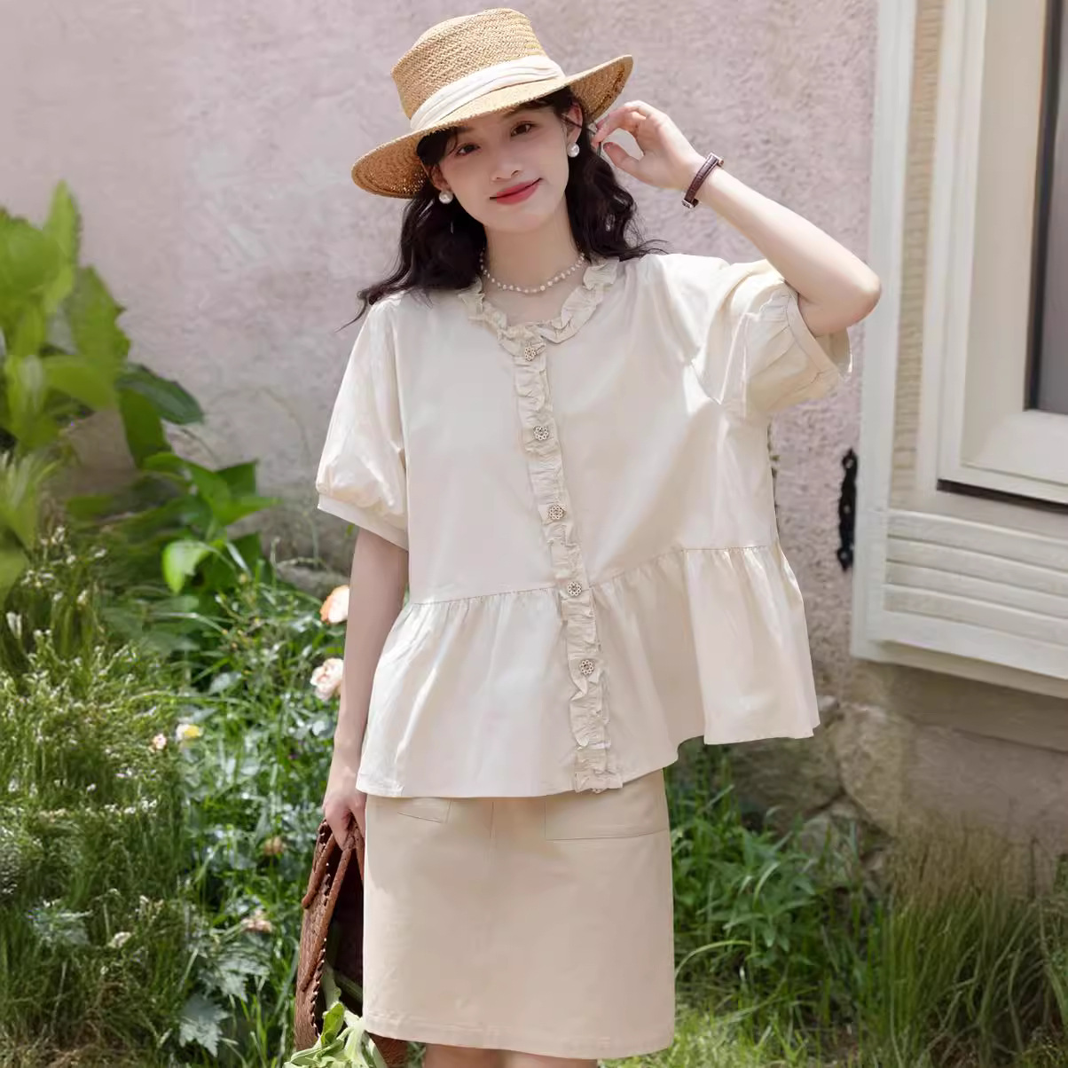 夏拼接木耳邊圓領短袖襯衣