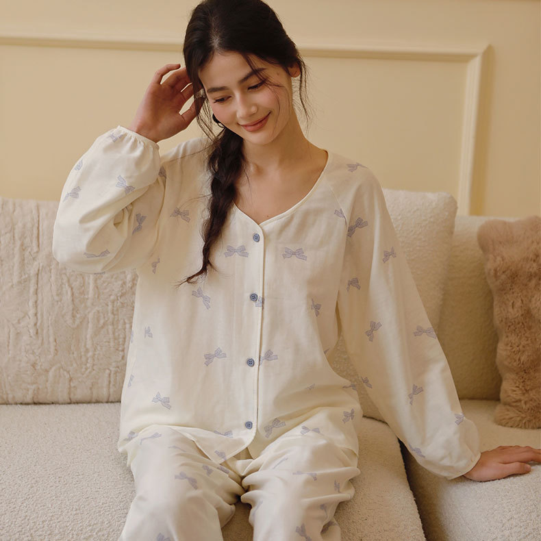 女無領長袖蝴蝶結印花睡衣套裝