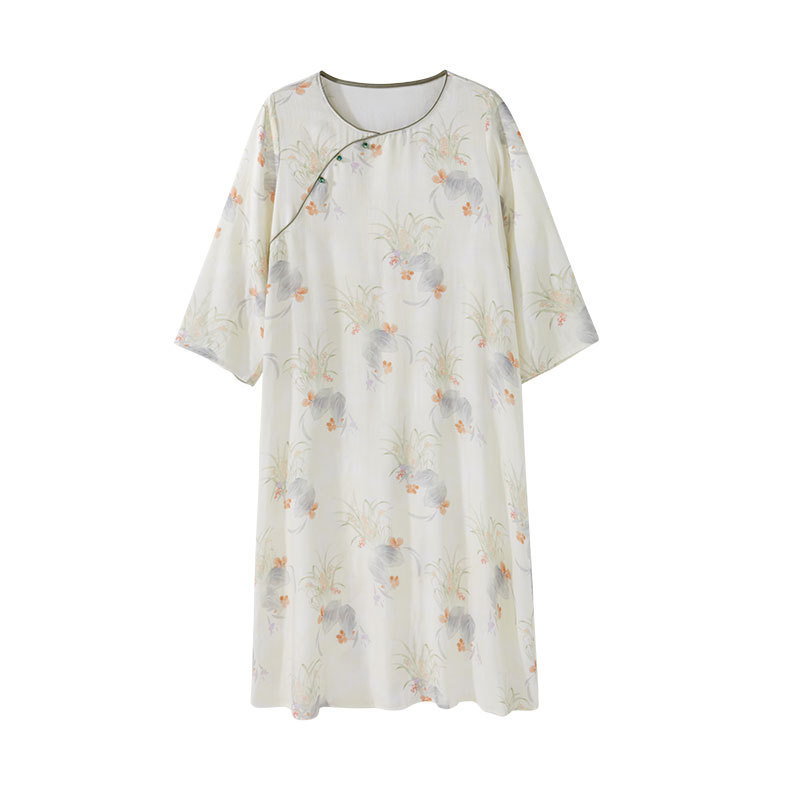 女竹棉國風斜襟桃竹印花長袖睡裙